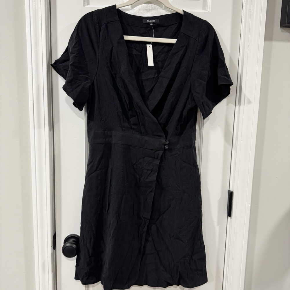 Madewell Pleated Waist True Wrap Mini Dress Black Size 10 Lyocell NWT